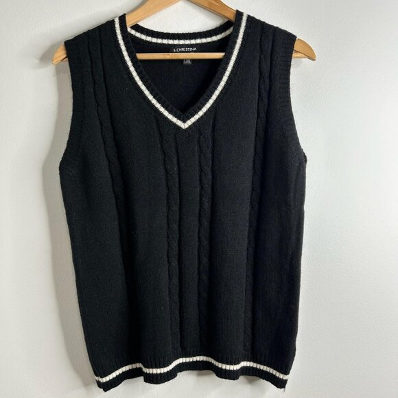 S Christina Sweater Vest Women L/XL Black 100% Cashmere Cable Knit V Neck Preppy - Picture 1 of 9